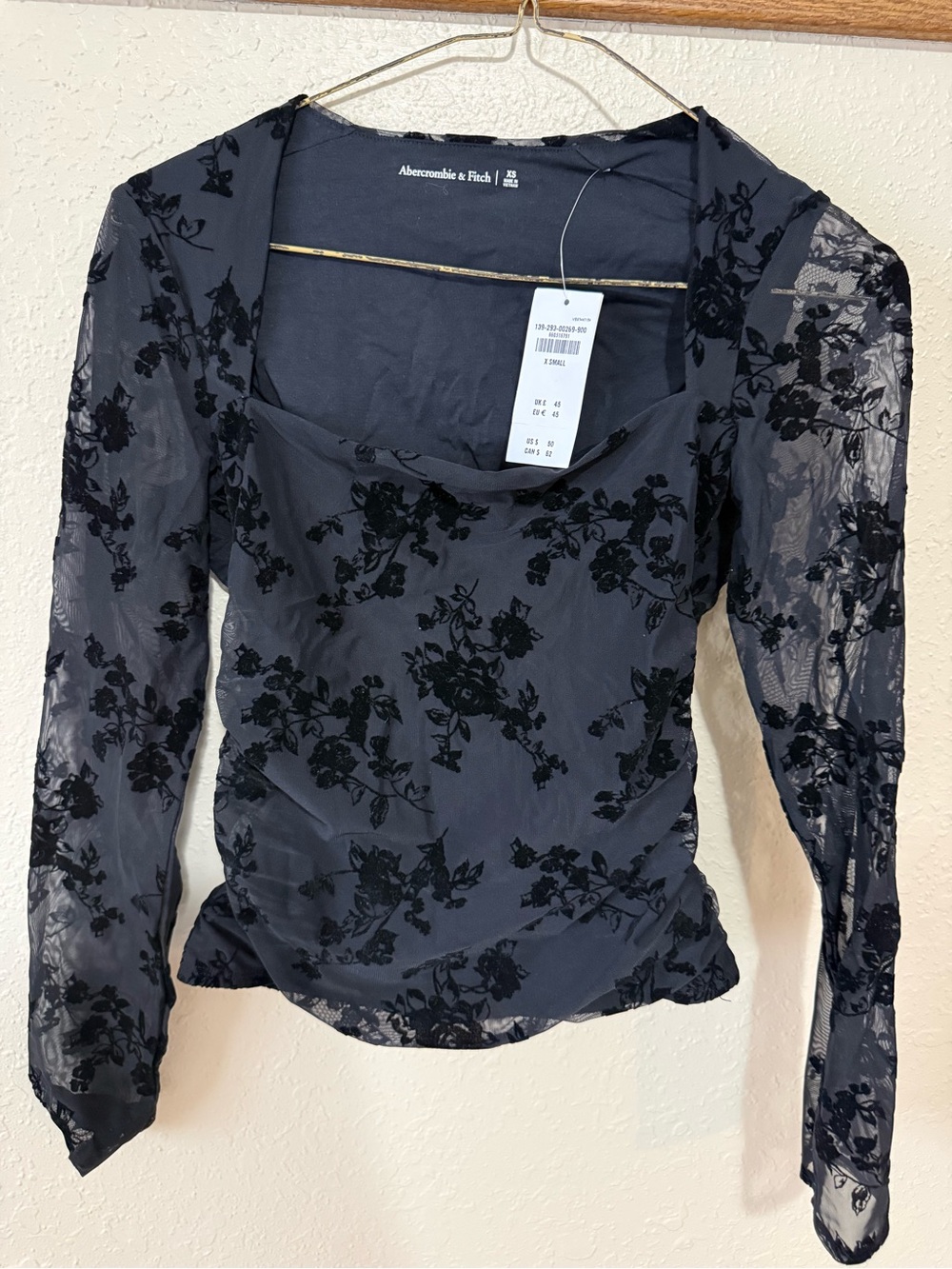 Abercrombie & Fitch Black Floral Velvet Burnout Mesh Long Sleeve Top